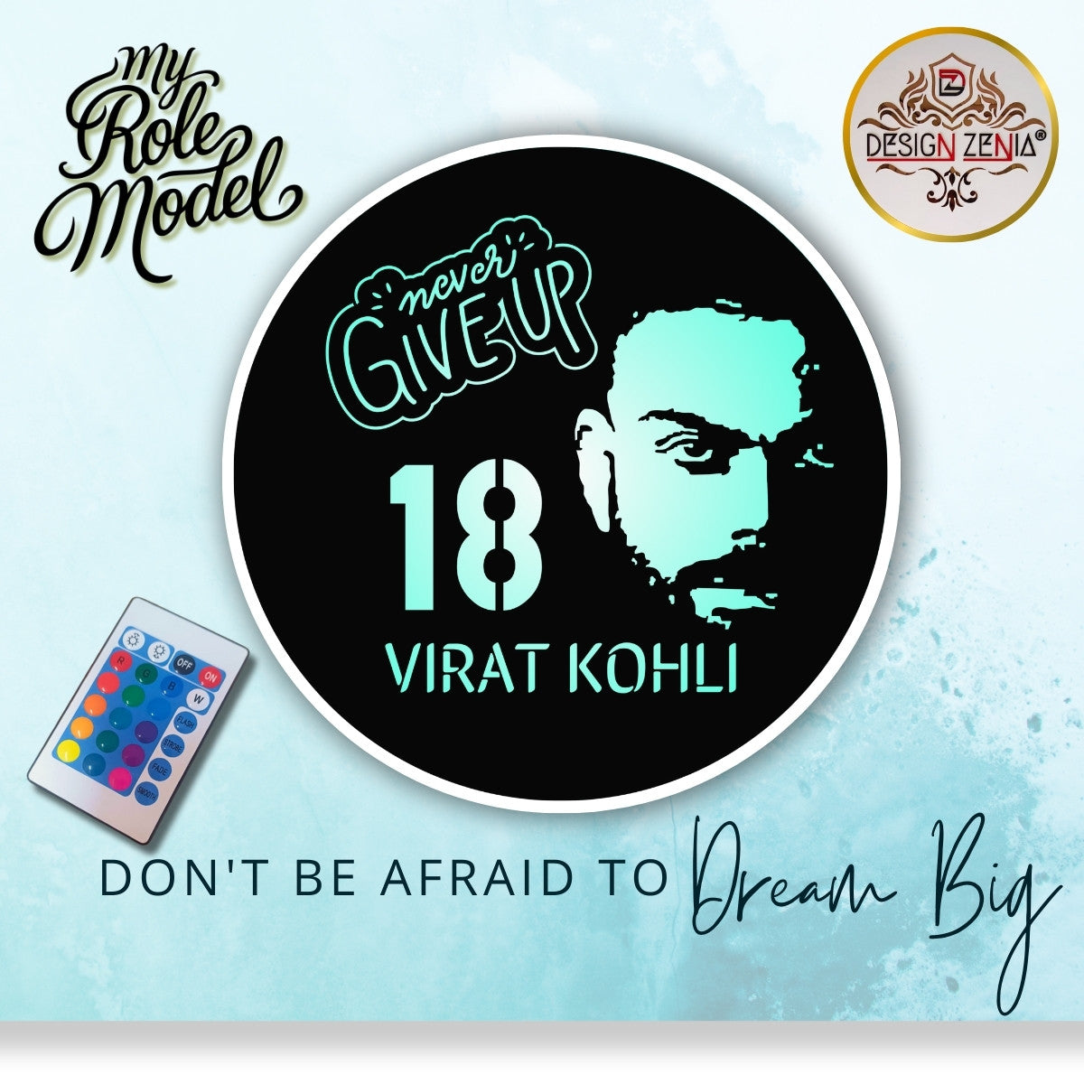 Never Give Up Wall Art of Virat Kohli with RGB LED Lights - DesignZenia