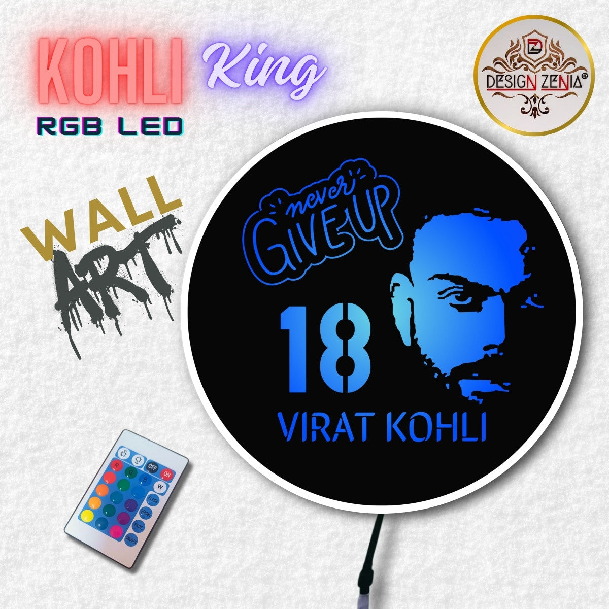 RCB Fans Virat Kohli LED Wall Decor - Jersey No. 18 - RGB Remote - DesignZenia