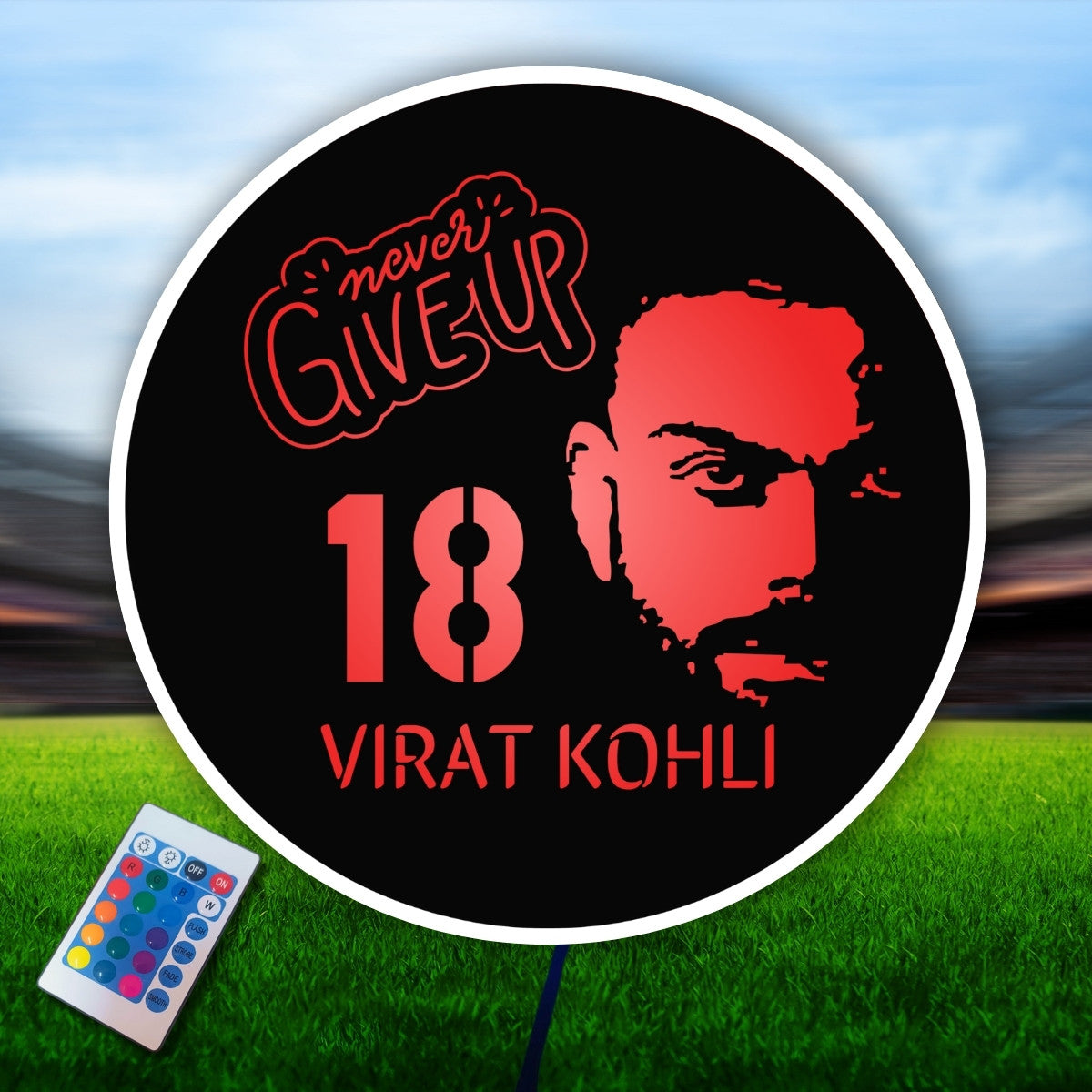 Virat Kohli LED Wall Art with Never Give Up Quote & Jersey No. 18 - RGB Lighting with Wireless Remote - DesignZenia