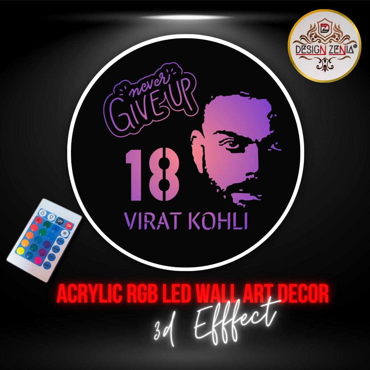 Never Give Up Virat Kohli LED Cricket Wall Art - RGB LED Lighting - DesignZenia