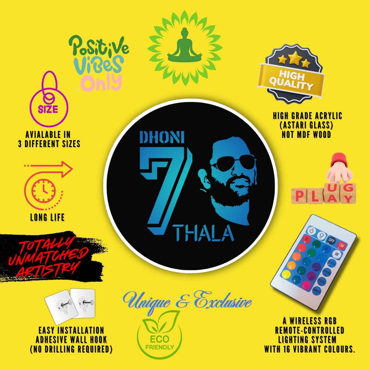 MS Dhoni Thala LED Wall Art with Multiple RGB Lighting Modes with premium features
