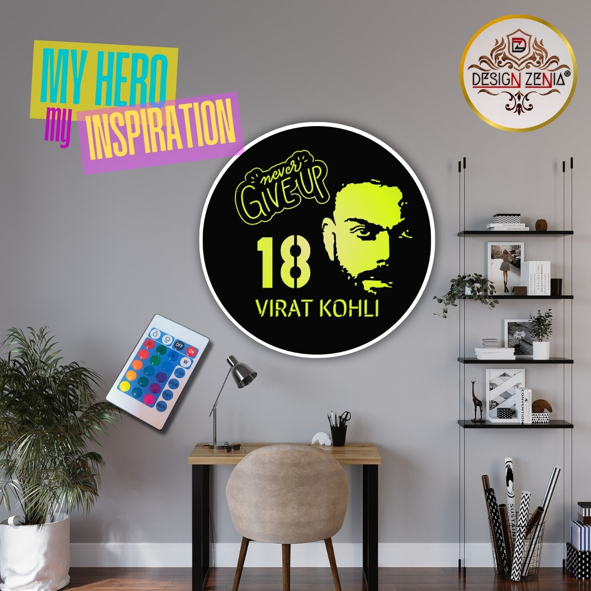 Virat Kohli Motivation Wall Art with LED RGB Lights - Never Give Up