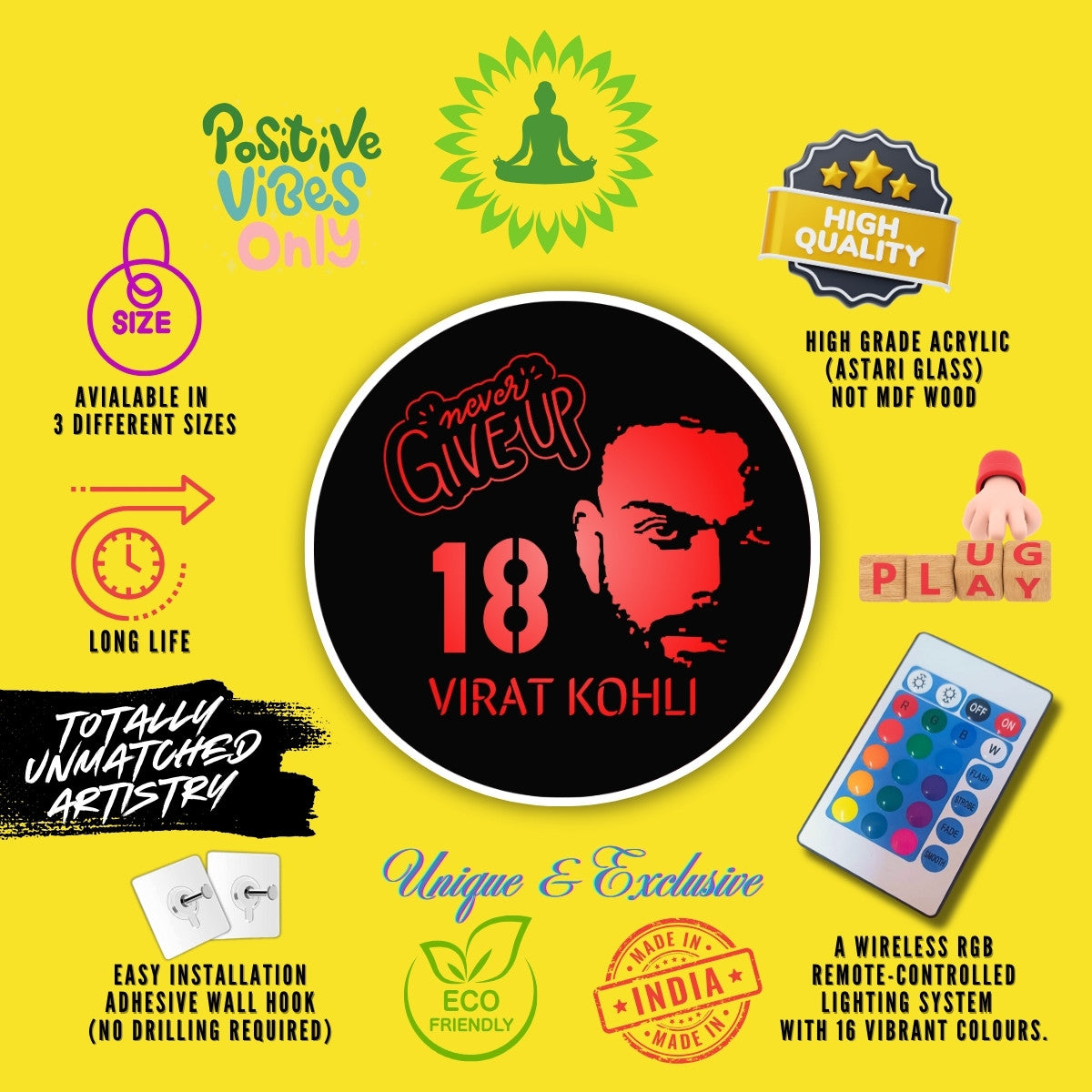 RCB Fans Special LED Wall Art of Virat Kohli - RGB Lighting & Wireless Remote