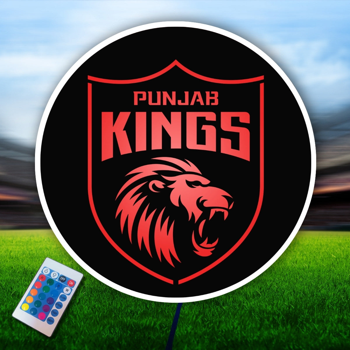Punjab Kings LED Wall Art Decor | IPL Team Logo Light with RGB Multicolored & Wireless Remote – Design Zenia